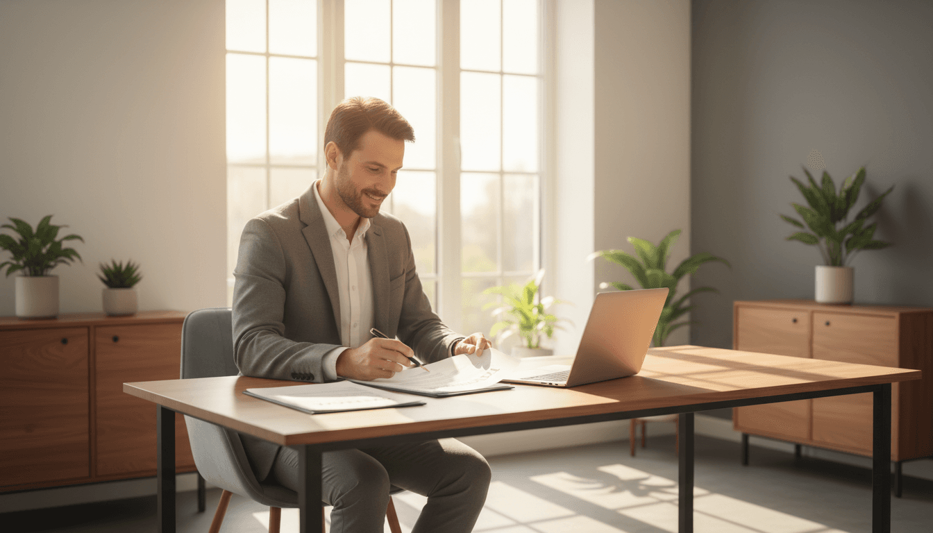 Professional reviewing insurance coverage documents at a modern workspace with natural lighting
