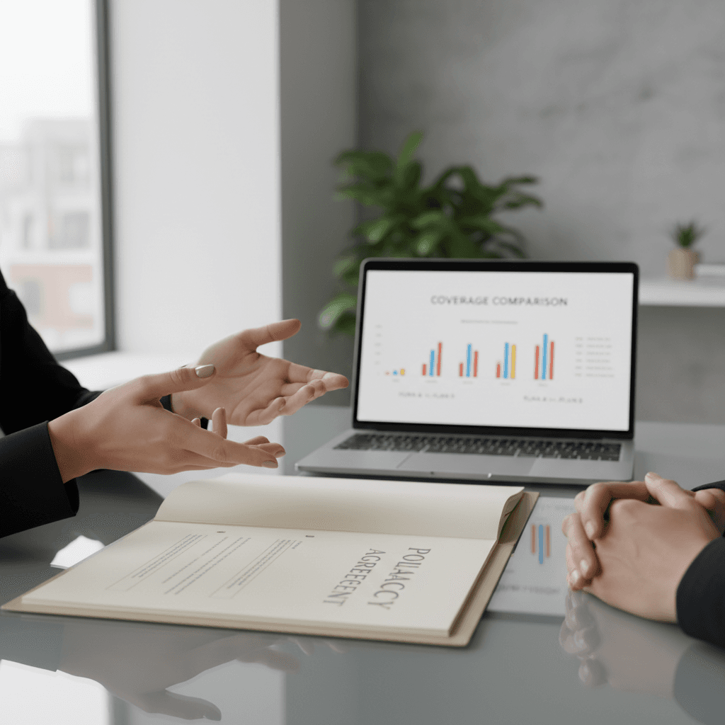 Woman reviewing insurance coverage documents at a modern desk