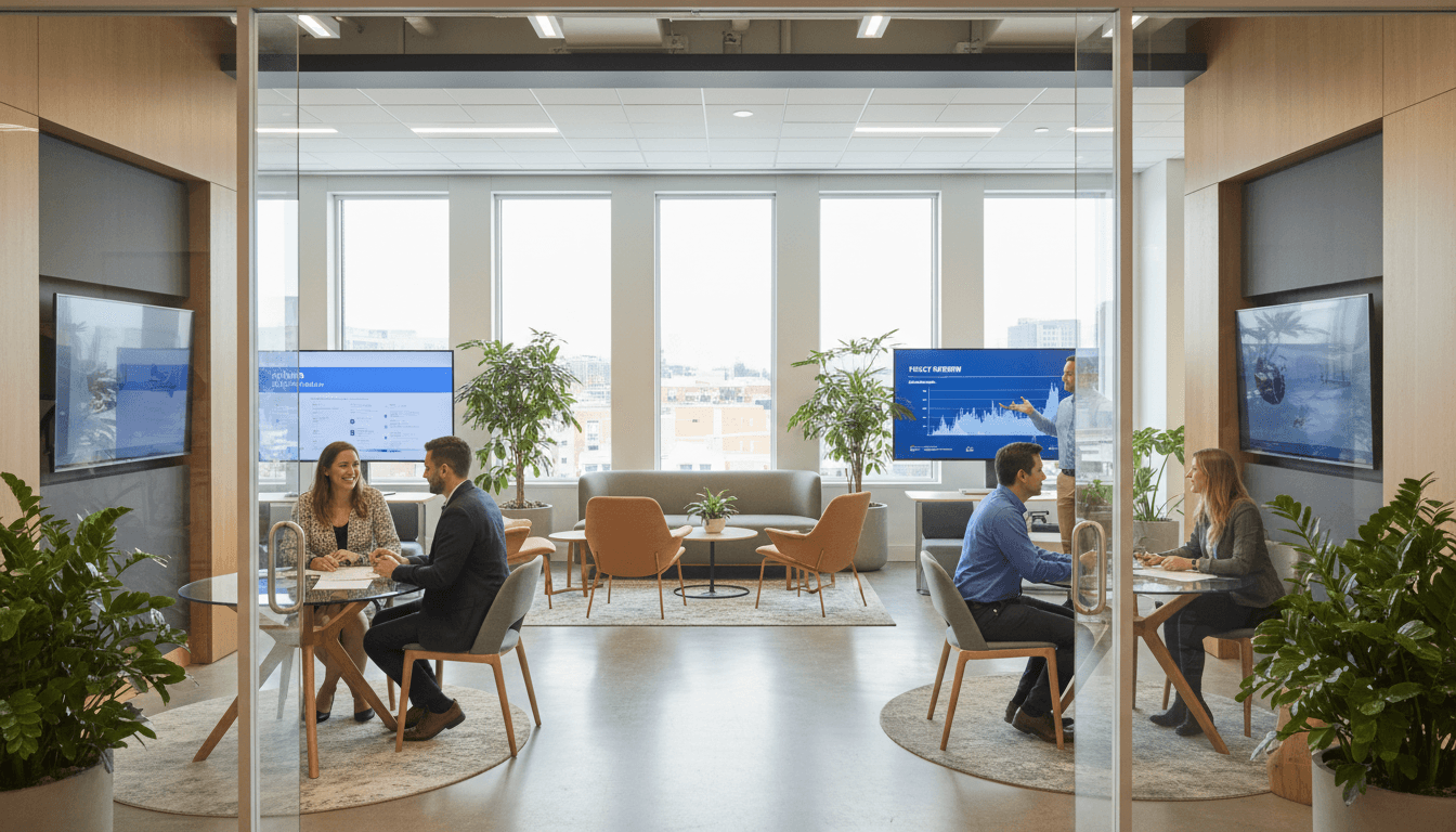 Insurance professional discussing coverage options with a client in a modern Las Vegas office